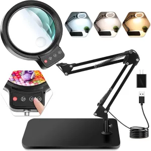 10X 30X Large Magnifying Glass with Light and Stand, 5-inch Lighted Magnifier, 72 LED 3 Color Modes Stepless Dimmable, Hands-Free Magnifying Glass Desk Lamp for Reading Craft Hobby Close Work Reading