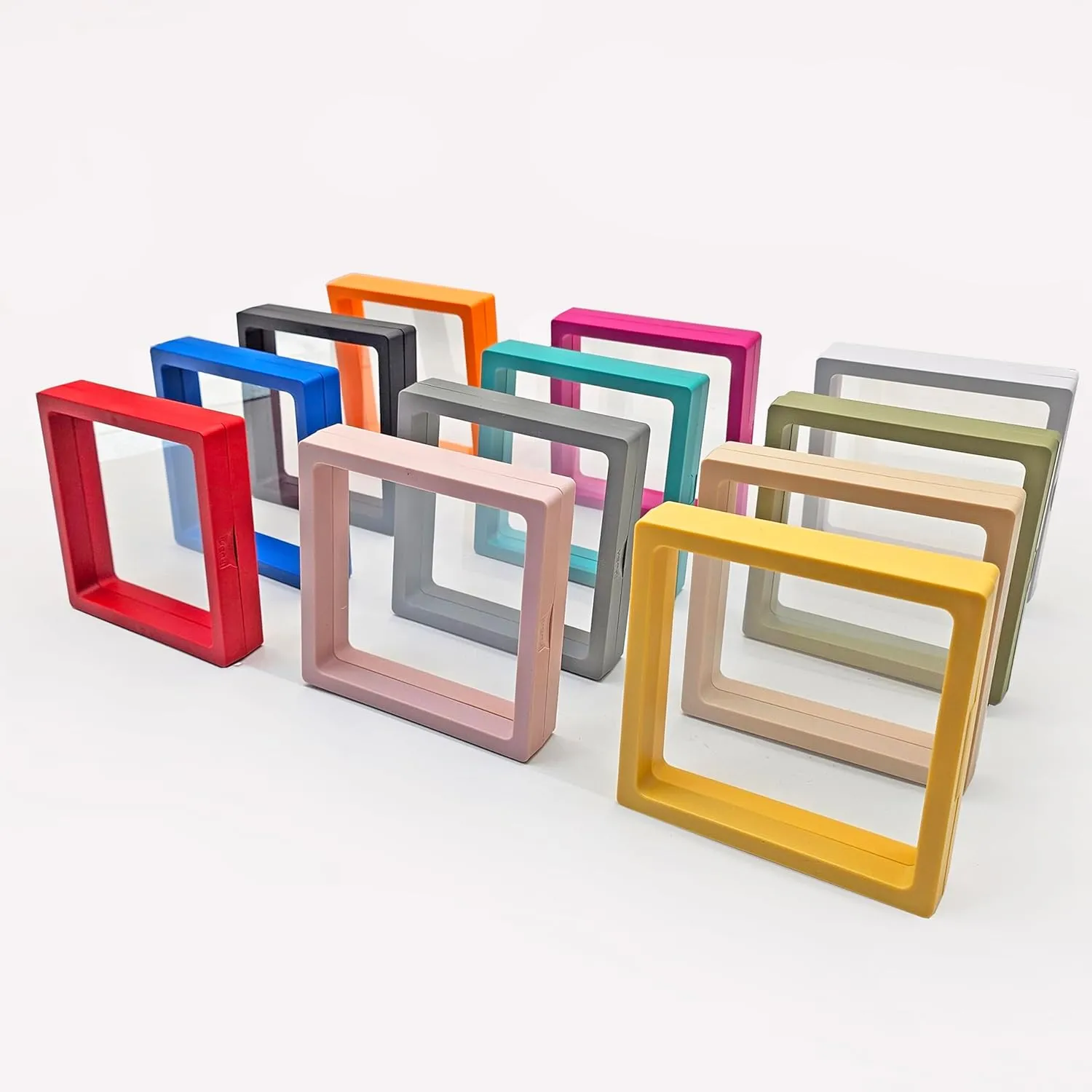 12PCS 3D Floating Frame Display Stand, Jewelry Case, Gift Box, Ornament Organizer, Small Travel Jewelry Box, PE Film Anti-Oxidation, Suspended Display Box Stackable (Mixed Color, 4.33*4.33)