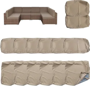 14 Pack Outdoor Cushion Covers for Patio Furniture Replacement Waterproof Patio Sofa Cushion Slipcovers with Zipper & Non Slip for 6-Seat Sofa 25.6 x 25.6 Inch, Khaki