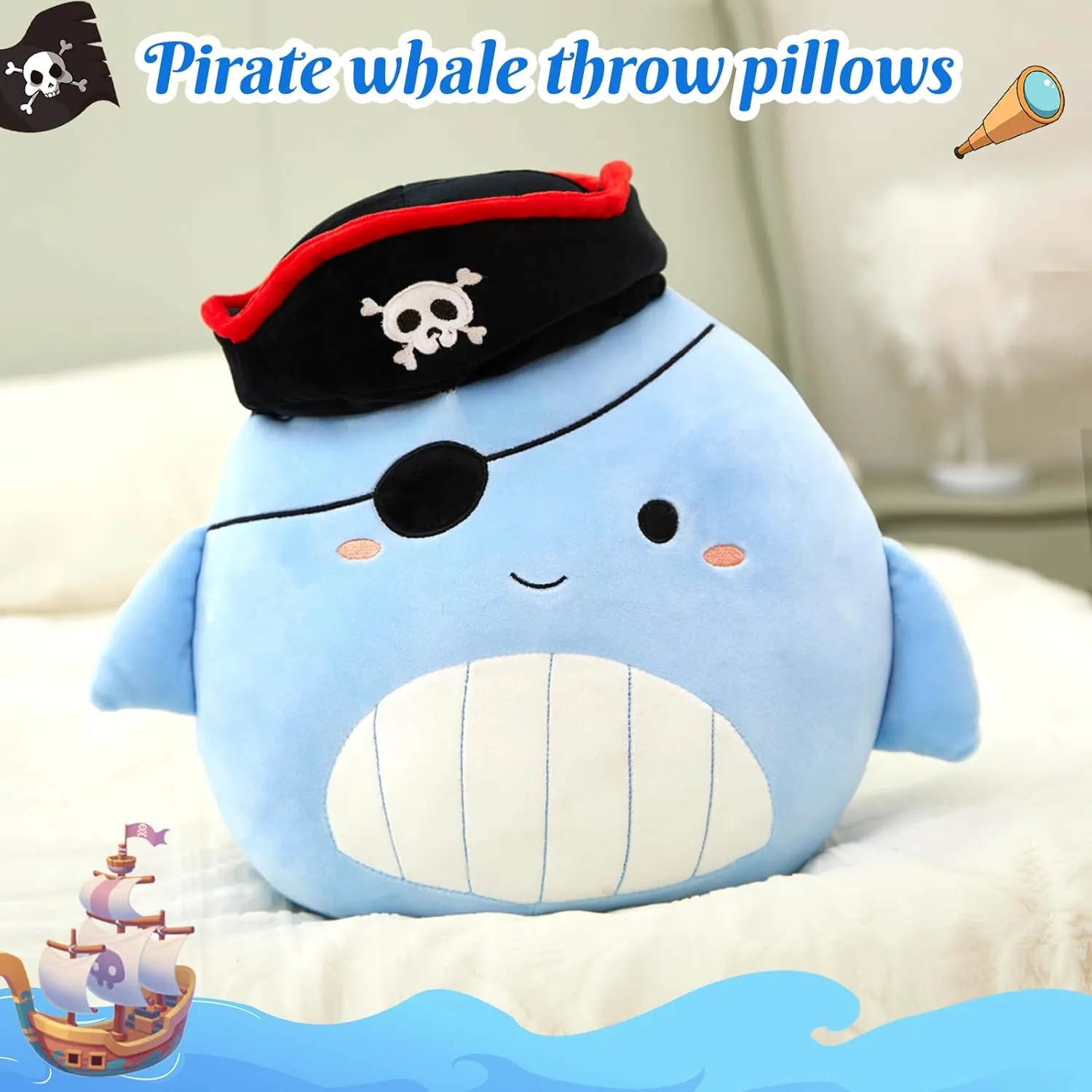 14” Pirate Whale Plush Pillow Stuffed Animals Original Plushie Cute Soft for Boys Girls