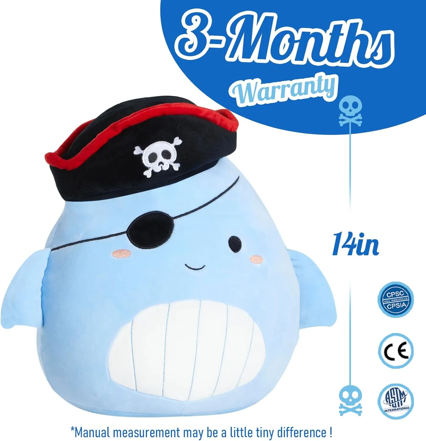 14” Pirate Whale Plush Pillow Stuffed Animals Original Plushie Cute Soft for Boys Girls