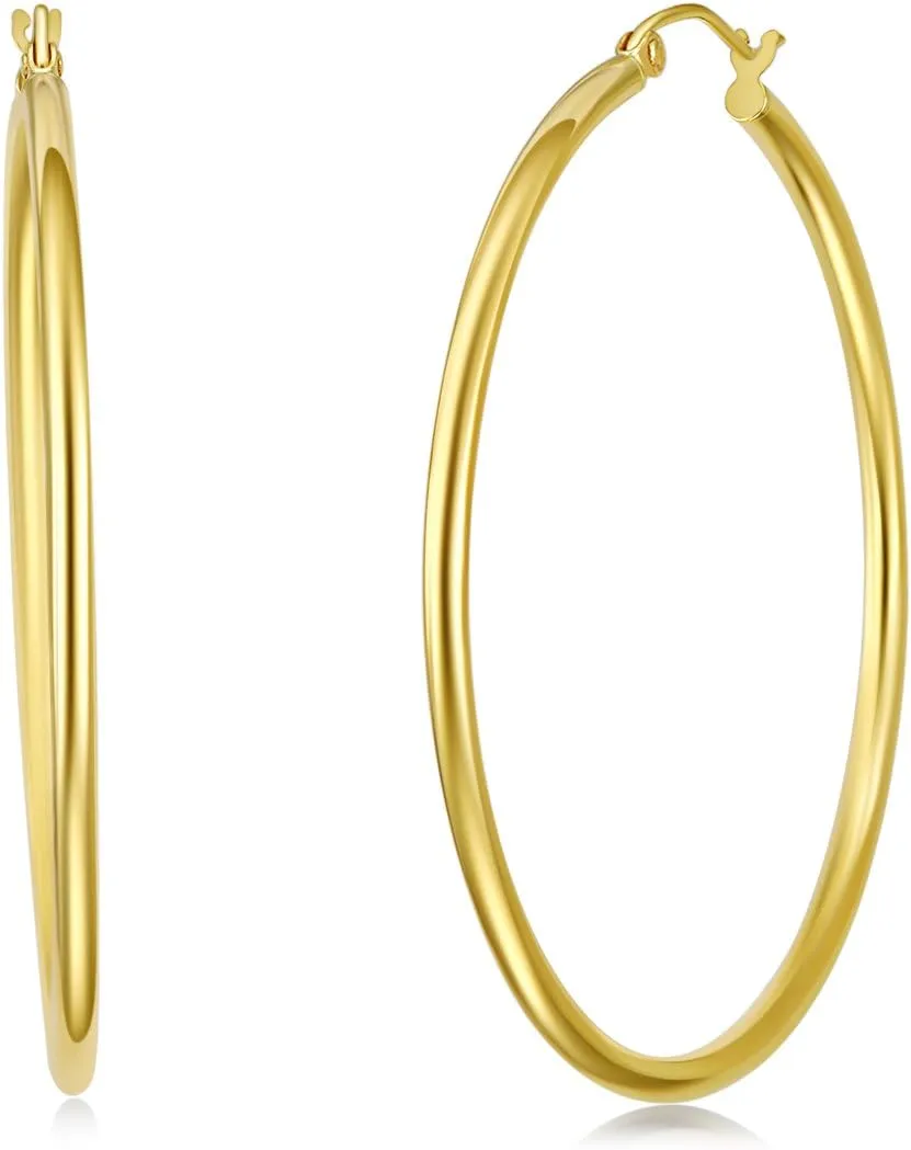 14k REAL Yellow/White Gold Multi Size 2mm Thickness Hinged Hoop Earrings