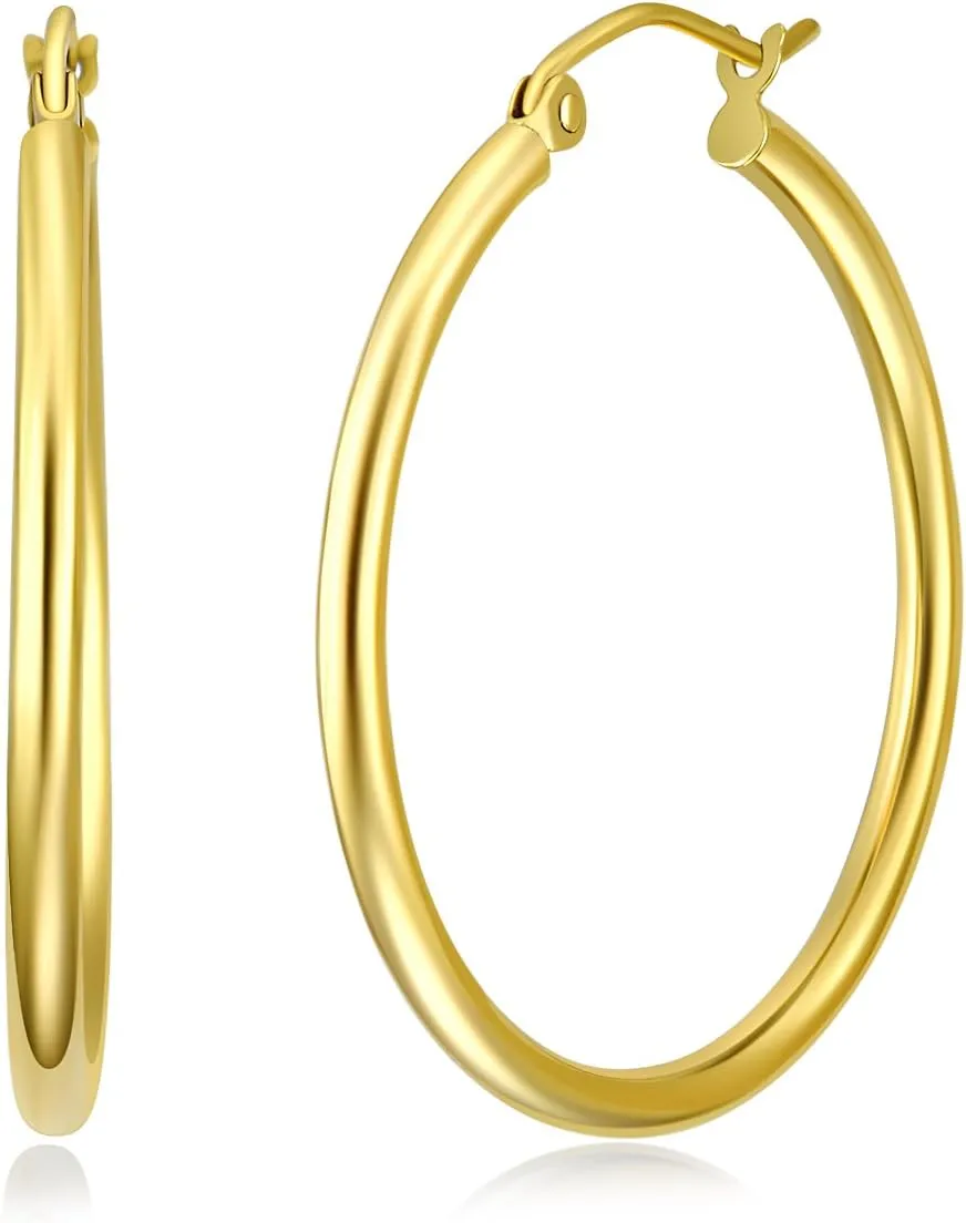 14k REAL Yellow/White Gold Multi Size 2mm Thickness Hinged Hoop Earrings