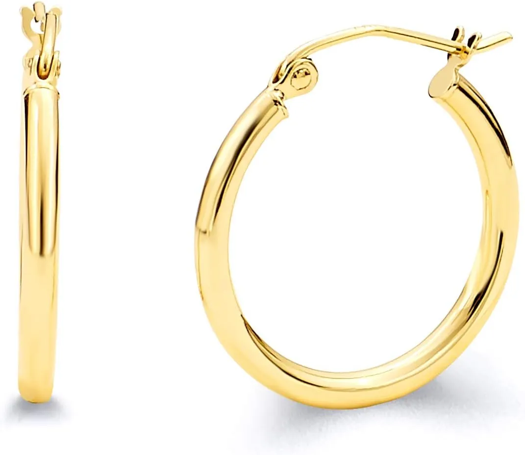 14k REAL Yellow/White Gold Multi Size 2mm Thickness Hinged Hoop Earrings