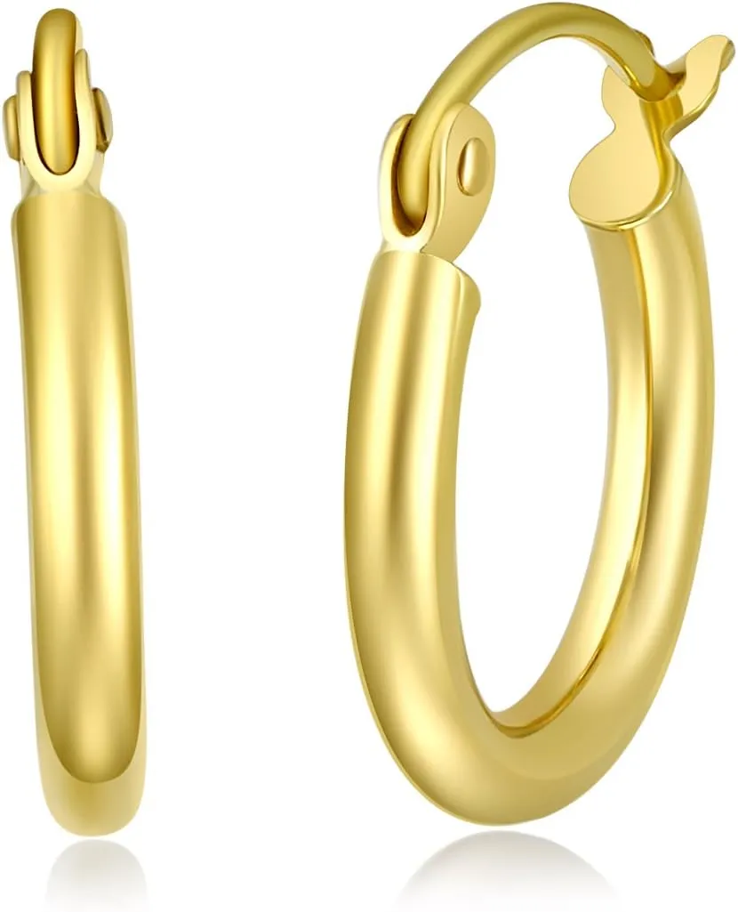 14k REAL Yellow/White Gold Multi Size 2mm Thickness Hinged Hoop Earrings