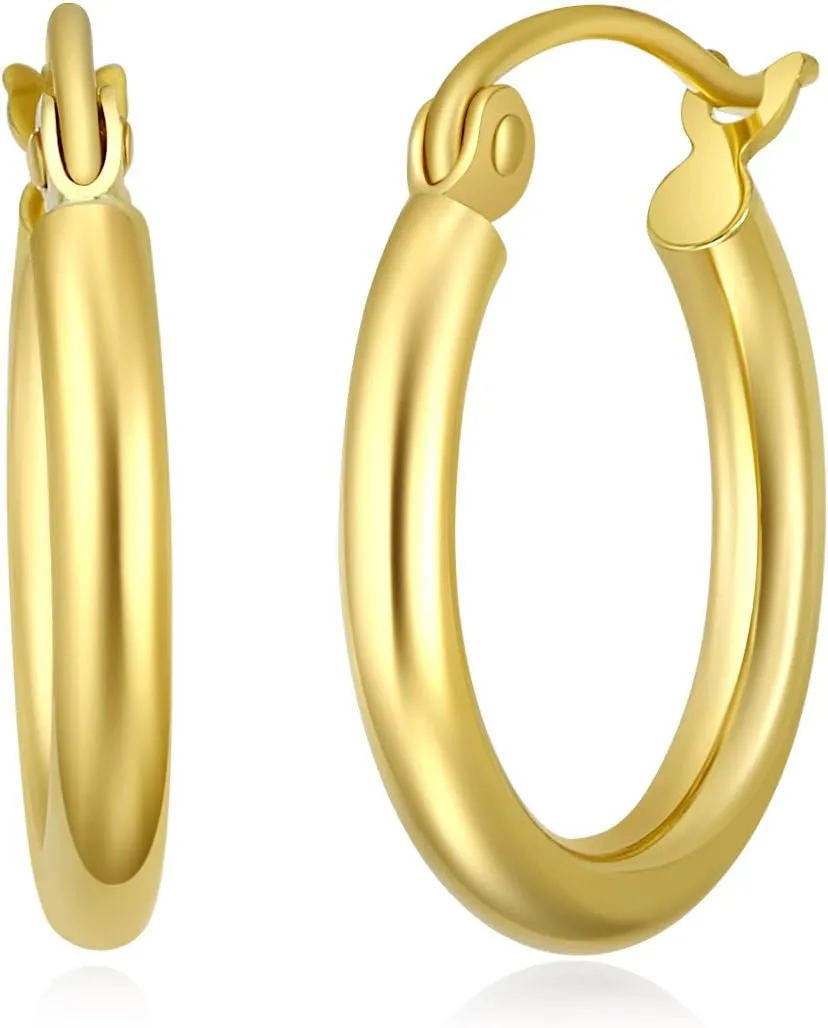 14k REAL Yellow/White Gold Multi Size 2mm Thickness Hinged Hoop Earrings