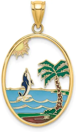 14K Yellow Gold Dolphin Jumping In Oval with Enamel Beach Scene Pendant