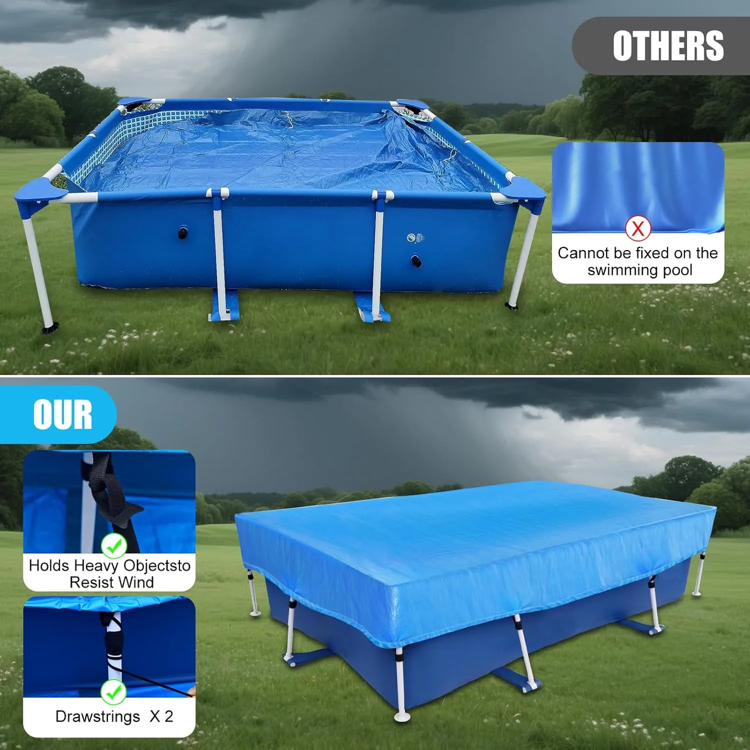14x7 Rectangle Pool Cover Draw Strings 177 x 87 in Rectangular Frame Swimming 14 Foot Pool Cover for 178x86 Above Ground Pools Durable PE Tear-Resistant Winter Cover