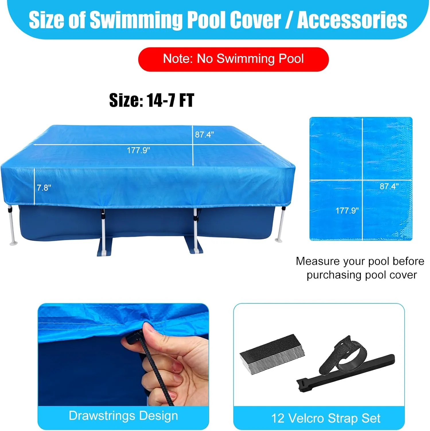 14x7 Rectangle Pool Cover Draw Strings 177 x 87 in Rectangular Frame Swimming 14 Foot Pool Cover for 178x86 Above Ground Pools Durable PE Tear-Resistant Winter Cover