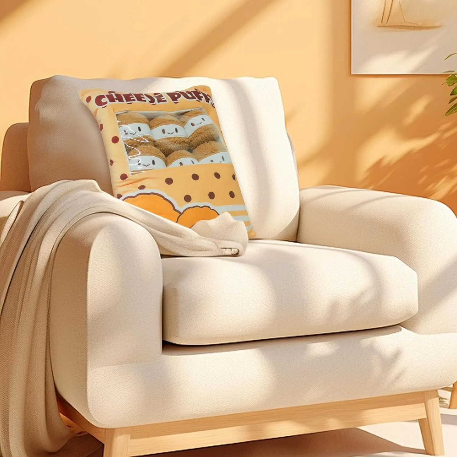15" × 19" Cheesy Puffs Throw Pillows, Decorative Stuffed Plush Toys Cute Removable Food Plushie for Bed Couch Room Decor