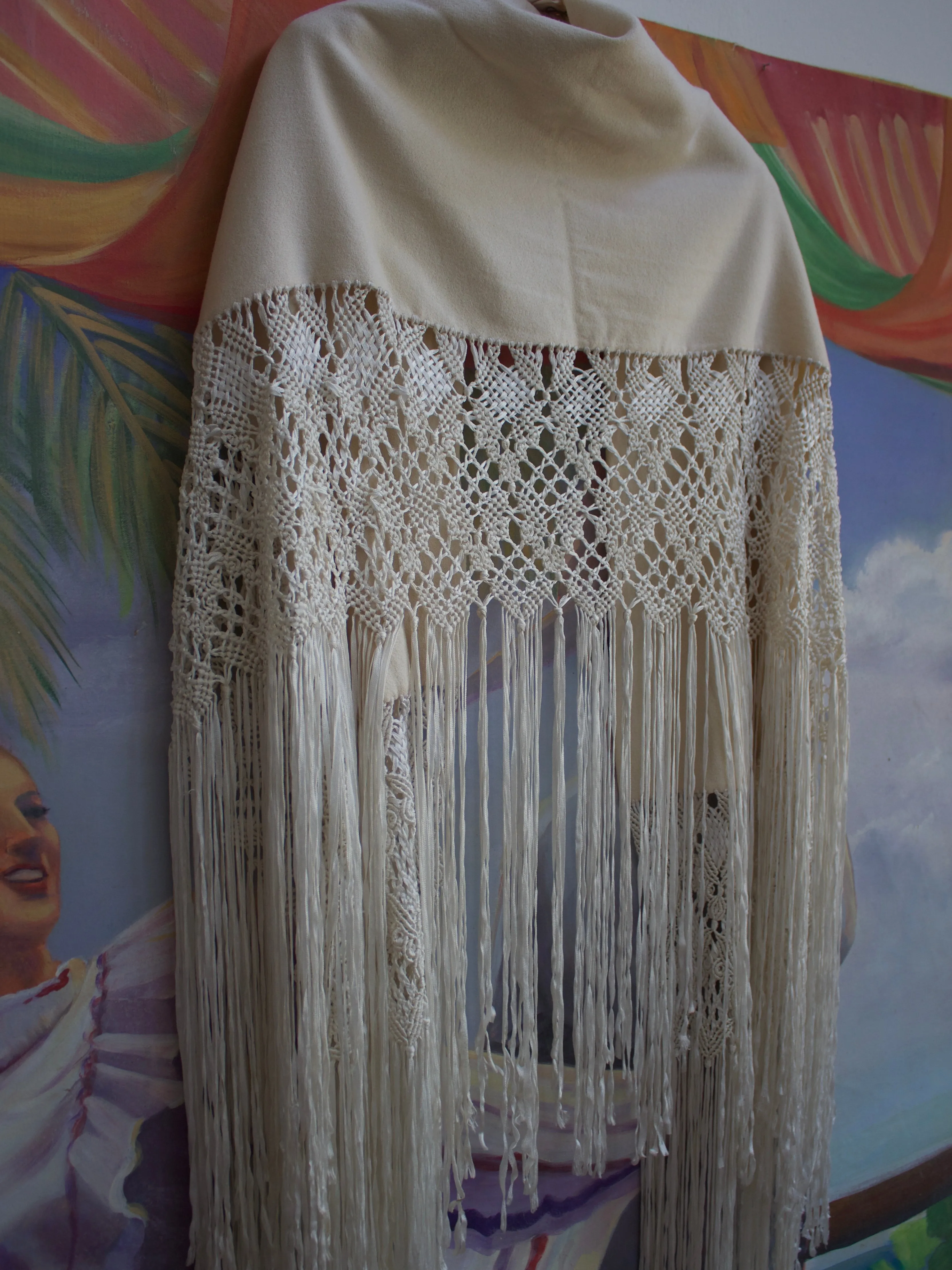 1930s Cream Wool & Ribbon Fringe Shawl