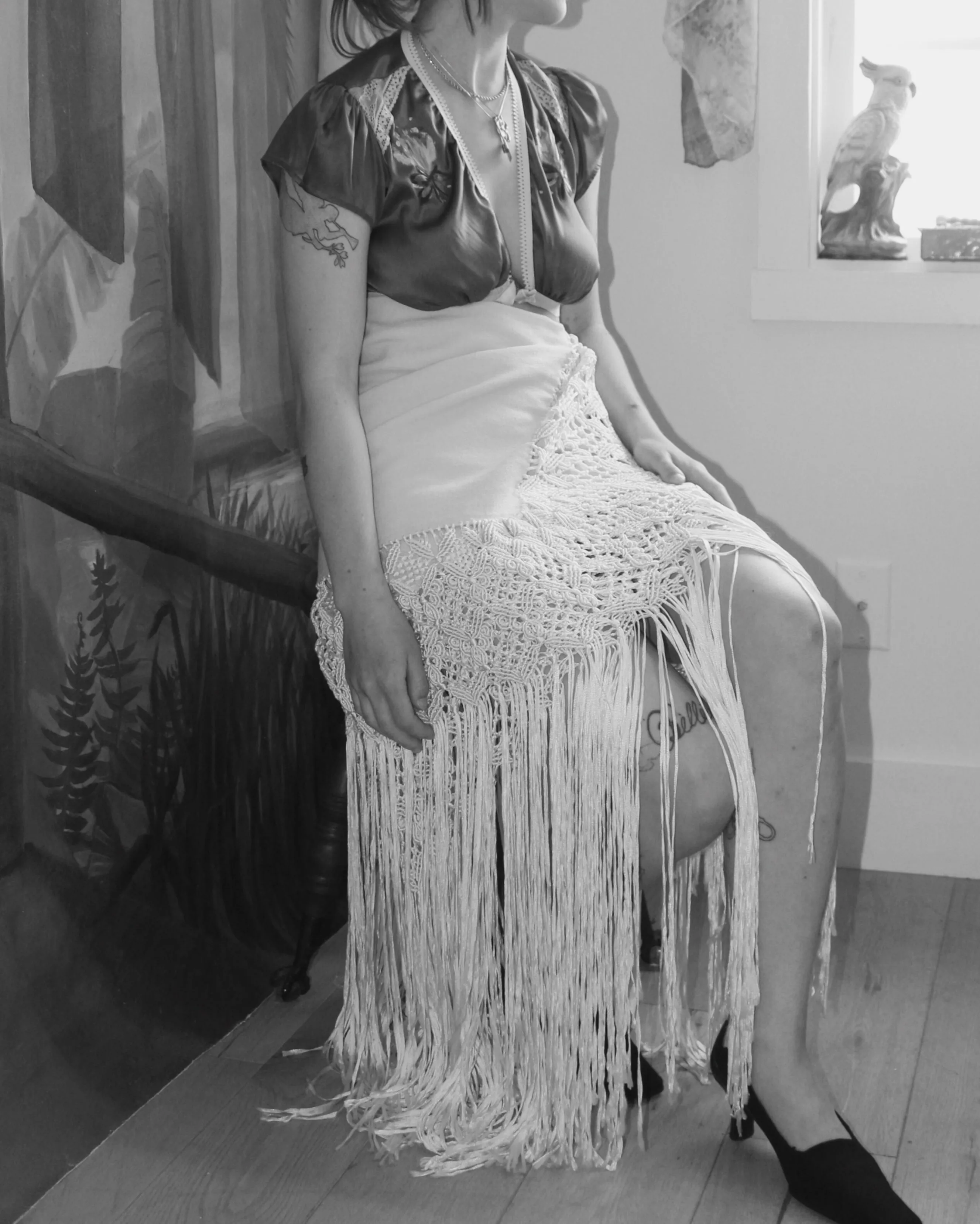 1930s Cream Wool & Ribbon Fringe Shawl