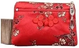 2 Layer Jewelry Small Zip Bag Chinese knot Craft Jewelry Gift Pouch Bag Packaging Chinese Silk Brocade Bag Luxury Jewellery Storage Purse(Fuchsia random pattern)
