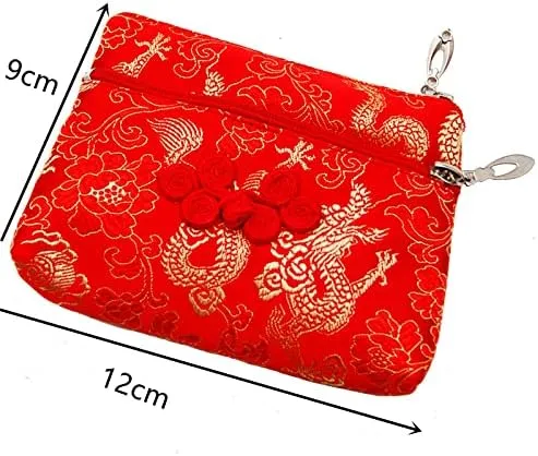 2 Layer Jewelry Small Zip Bag Chinese knot Craft Jewelry Gift Pouch Bag Packaging Chinese Silk Brocade Bag Luxury Jewellery Storage Purse(Fuchsia random pattern)