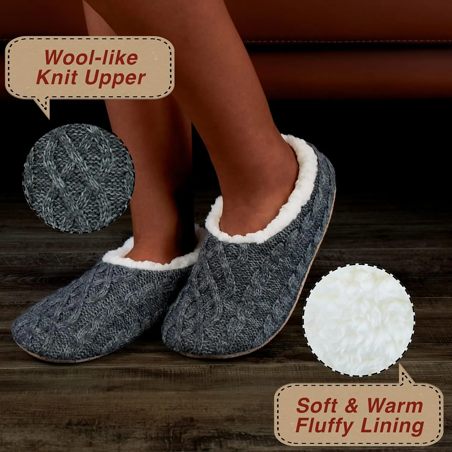 2-Pair Thick Warm Fuzzy Slippers for Women Indoor Fluffy Sherpa Lined, Winter House Shoe Socks Non-Slip Soft Soles, Cozy Christmas Gifts