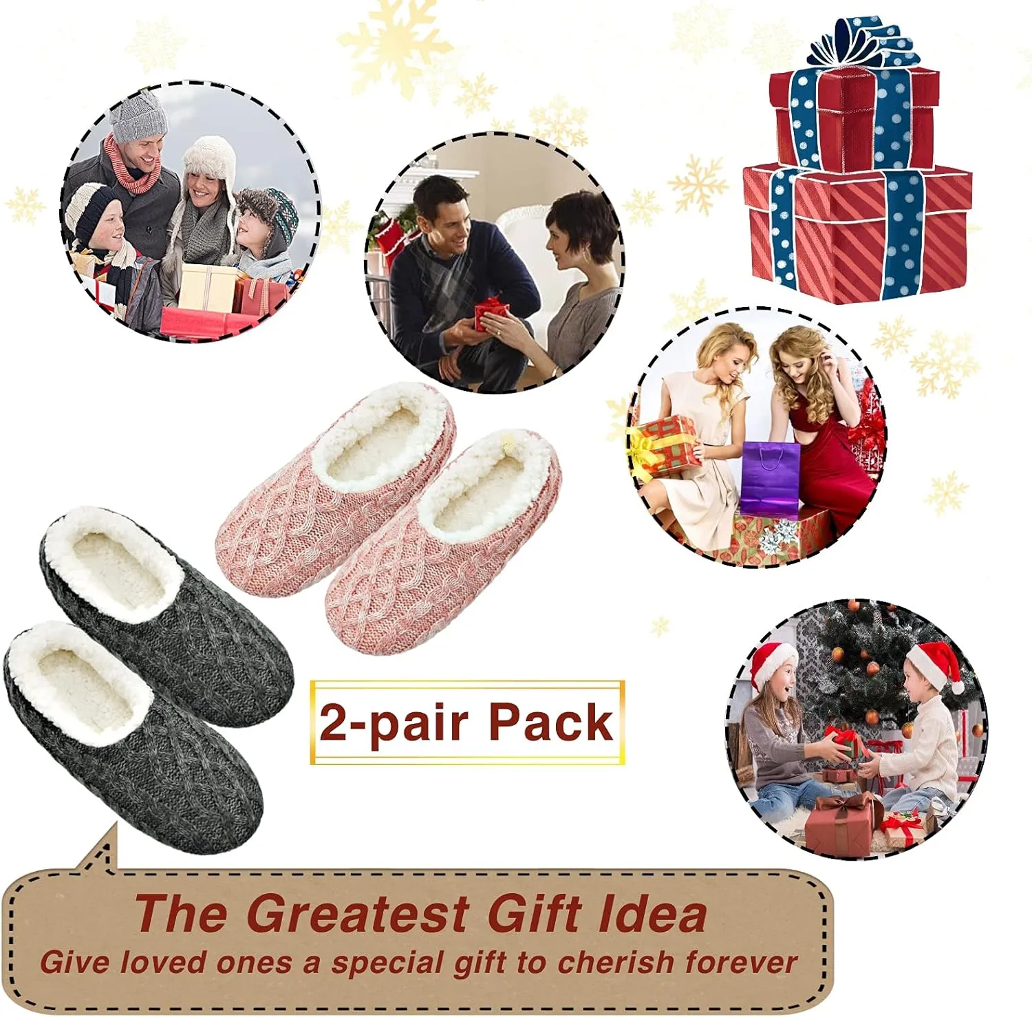 2-Pair Thick Warm Fuzzy Slippers for Women Indoor Fluffy Sherpa Lined, Winter House Shoe Socks Non-Slip Soft Soles, Cozy Christmas Gifts