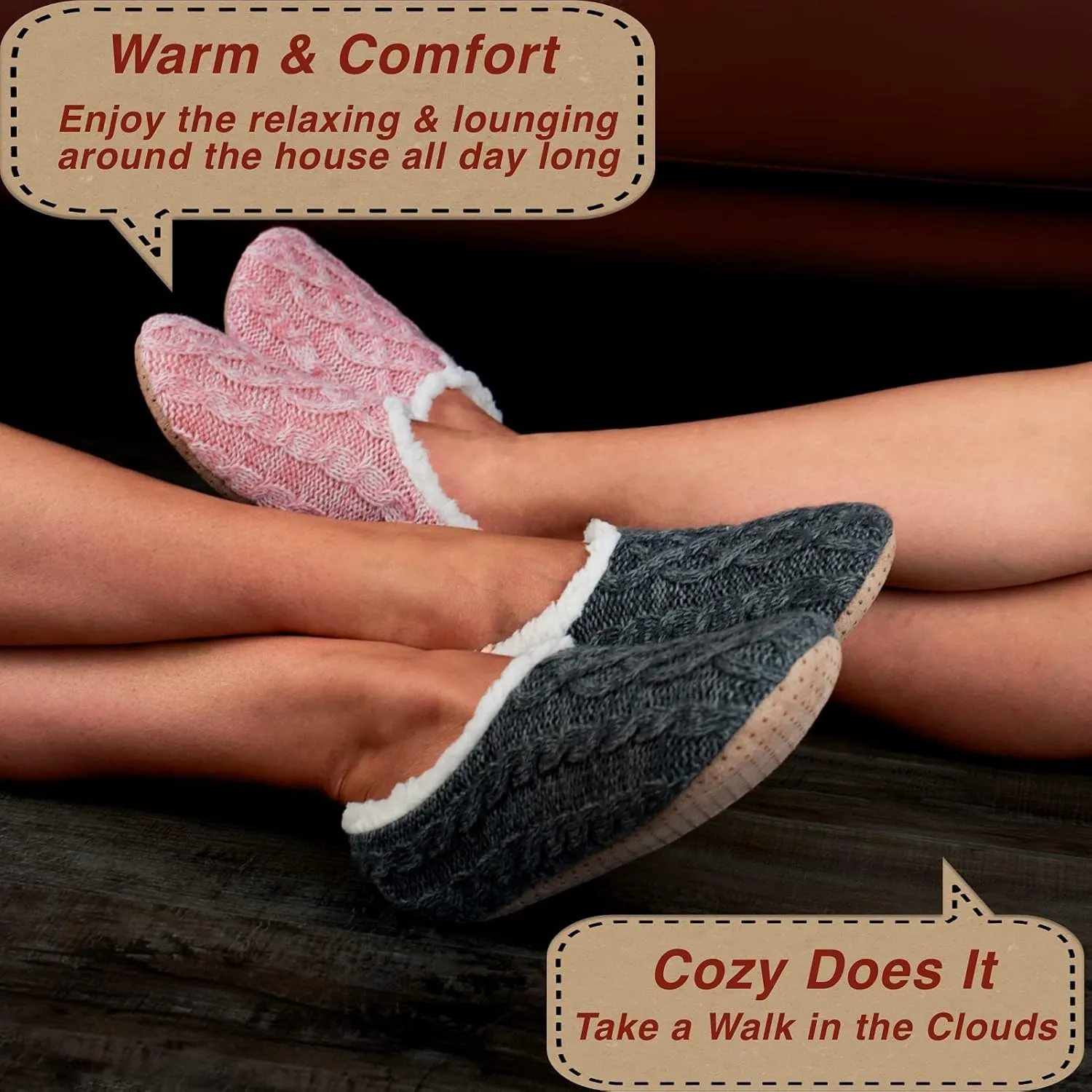 2-Pair Thick Warm Fuzzy Slippers for Women Indoor Fluffy Sherpa Lined, Winter House Shoe Socks Non-Slip Soft Soles, Cozy Christmas Gifts