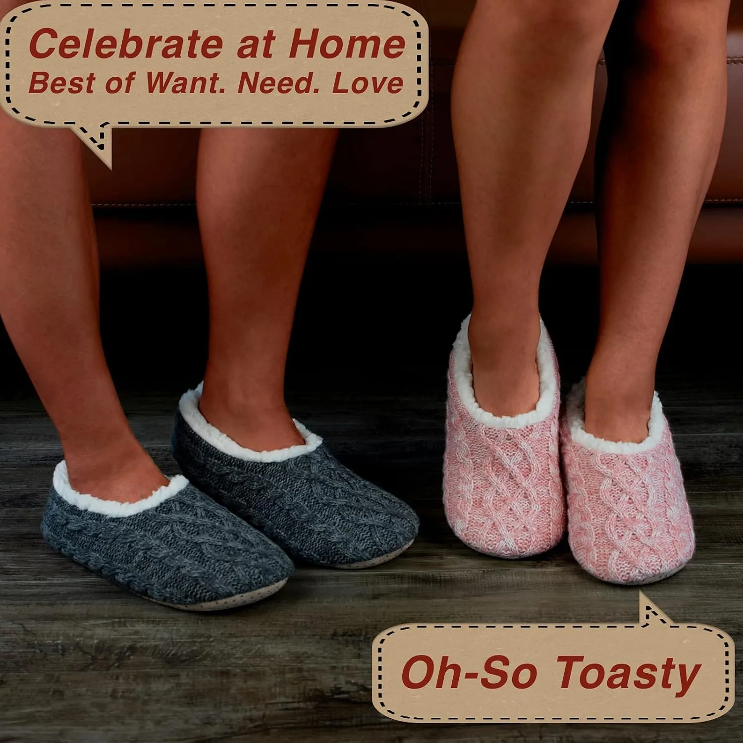 2-Pair Thick Warm Fuzzy Slippers for Women Indoor Fluffy Sherpa Lined, Winter House Shoe Socks Non-Slip Soft Soles, Cozy Christmas Gifts