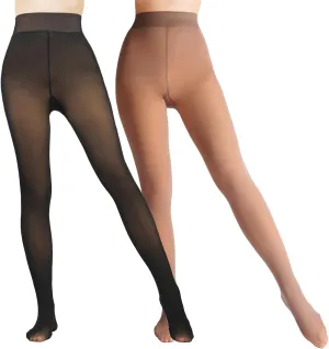 2 Pairs Women Fleece Lined Tights-Fake Translucent Leggings High Waist Pantyhose Sheer Thick Warm Tights For Women