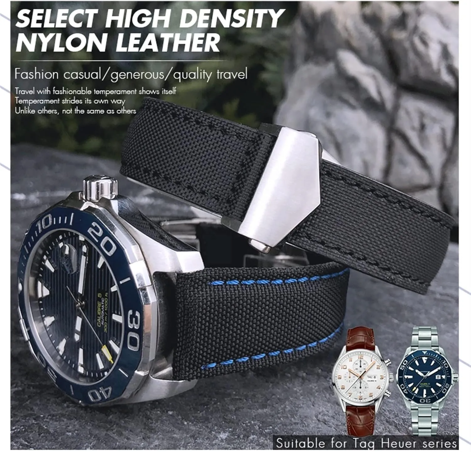 20mm 22mm Watch Bracelets Canvas Nylon Leather Watch Strap Fold Buckle Black Watch Band