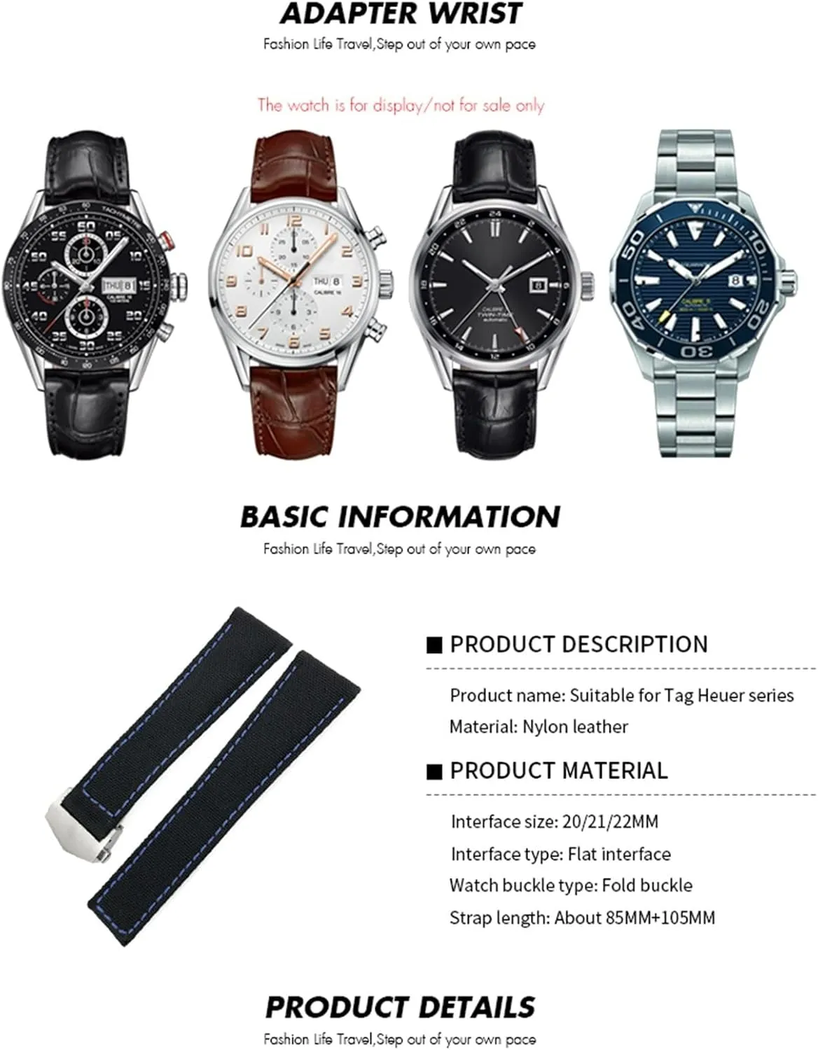20mm 22mm Watch Bracelets Canvas Nylon Leather Watch Strap Fold Buckle Black Watch Band