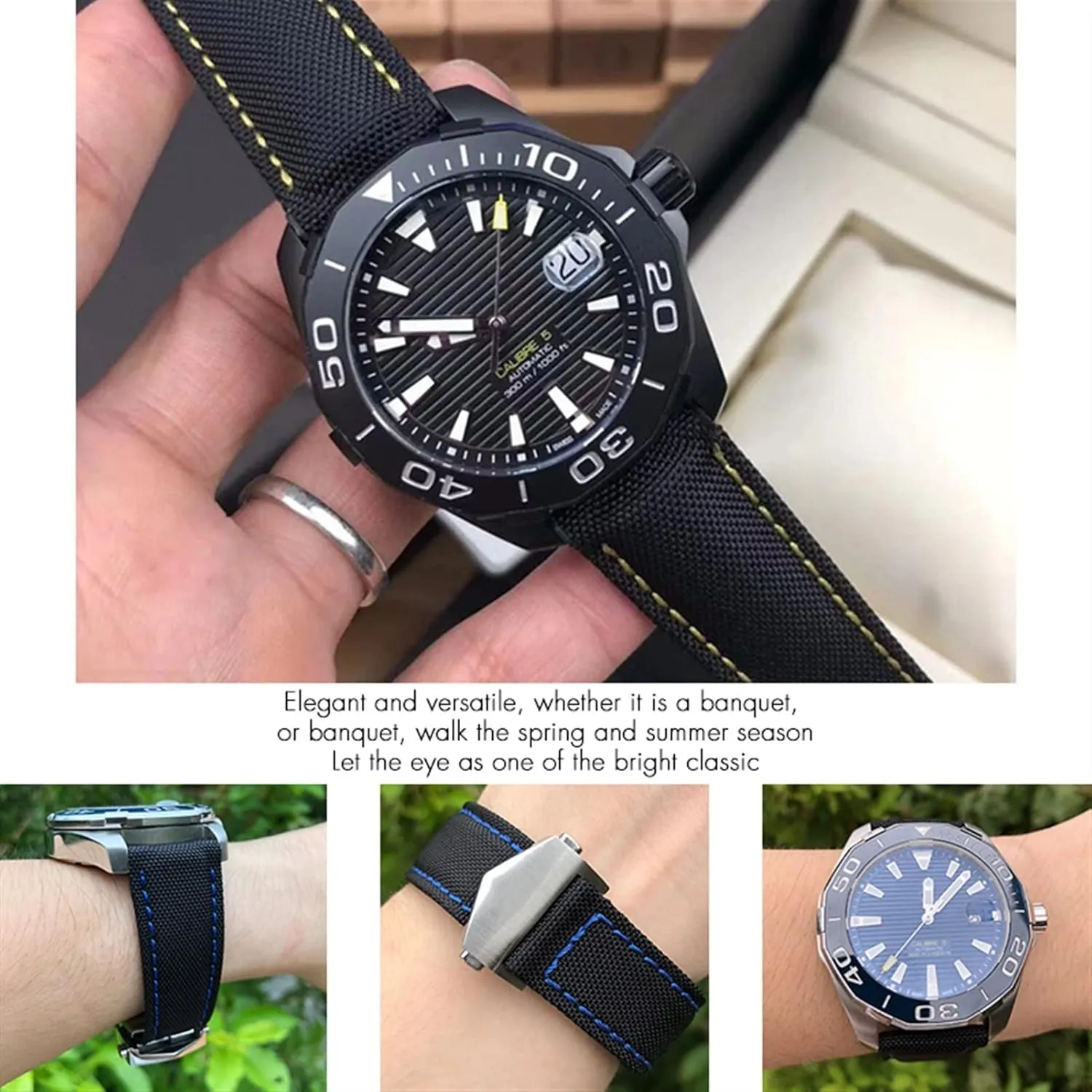 20mm 22mm Watch Bracelets Canvas Nylon Leather Watch Strap Fold Buckle Black Watch Band