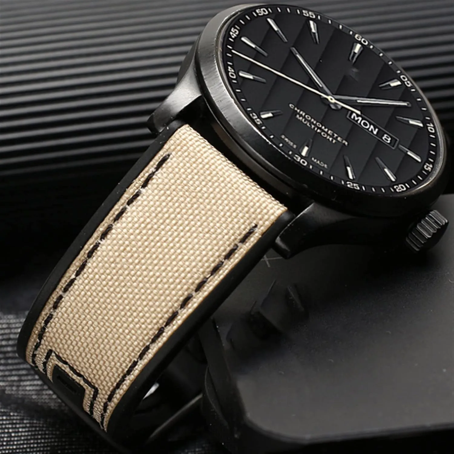 22mm Canvas Rubber Watch Strap Men Wrist Band Bracelet for MIDO M038/M038431A Series Soft Watchbands (Color : Black Black, Size : 22mm)