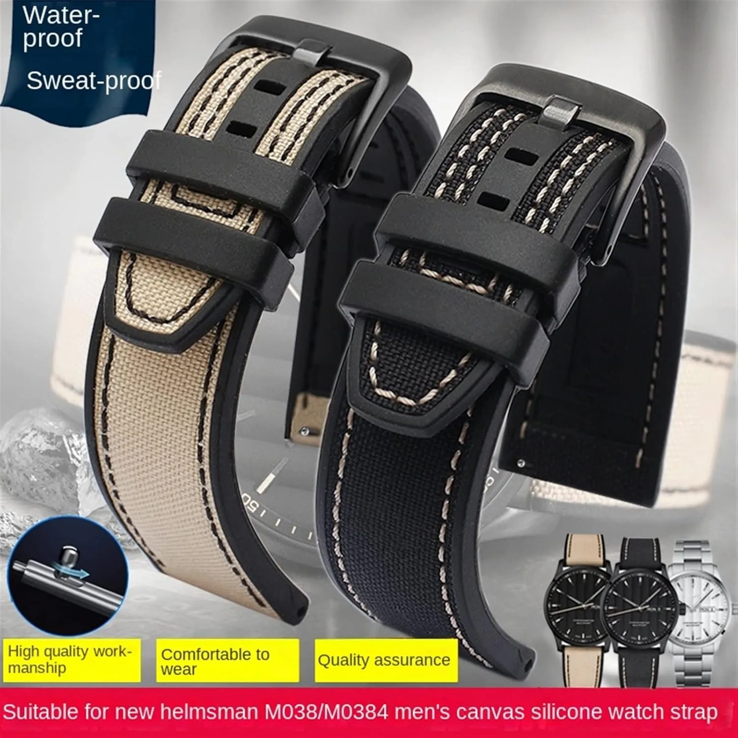 22mm Canvas Rubber Watch Strap Men Wrist Band Bracelet for MIDO M038/M038431A Series Soft Watchbands (Color : Black Black, Size : 22mm)