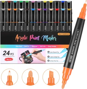 24 Colors Three Tips Acrylic Paint Markers, Fine Medium Chisel Tip Acrylic Paint Pens for Rock Painting, Wood, Canvas, Ceramic, Fabric, Arts and Crafts for Adults