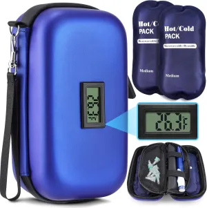 24H Insulin Pen Cooler Travel Case, Refrigerated Medicine Cooling Bag for Insulin Pens and Diabetic Supplies Storage with Temperature Display, Diabetes Travel Case with Wrist Strap&2 Reusable Ice Pack