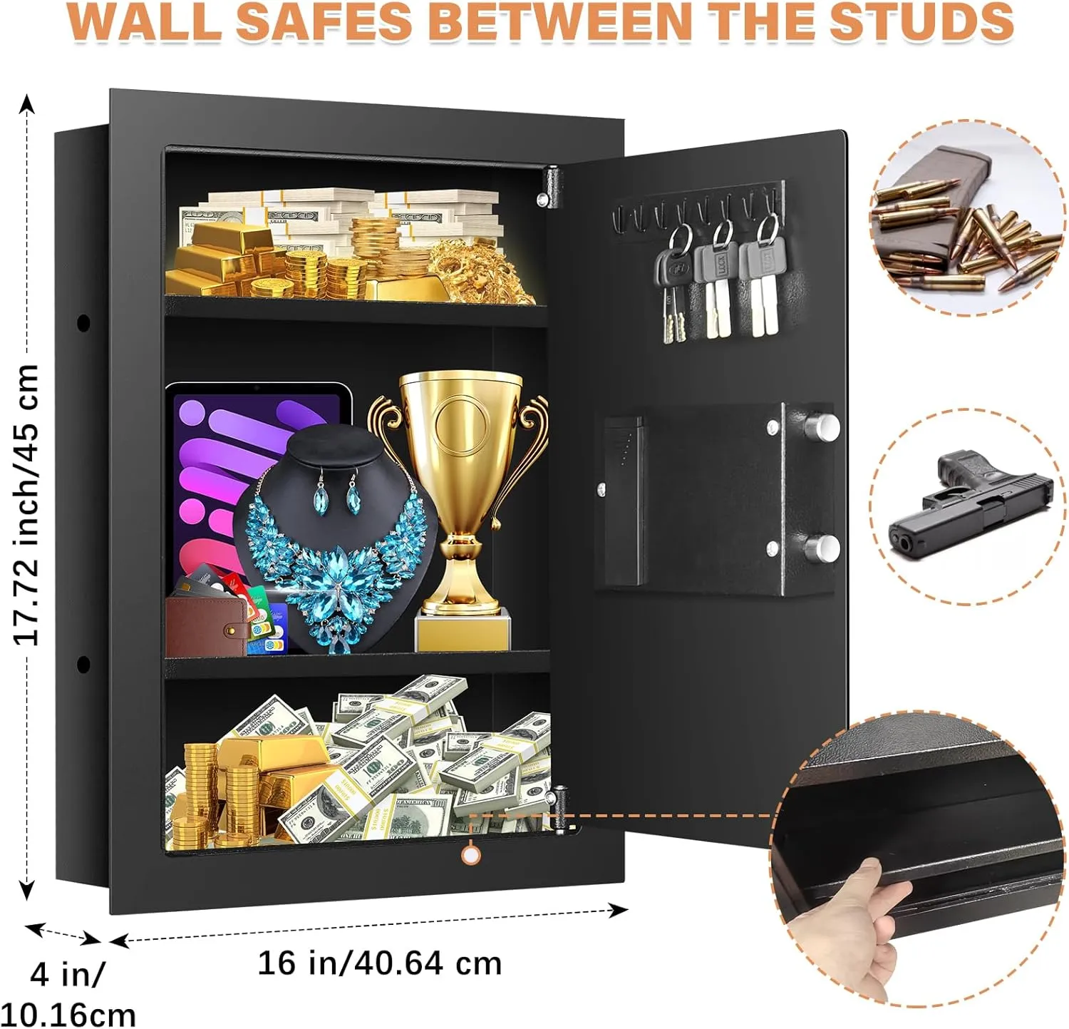 25.6" Tall Fireproof Wall Safes Between the Studs 16" Centers, Heavy Duty Combination Lock in Wall Safe with 3 Removable Shelf, Hidden Safe for Money, Jewelry, Document, Passport