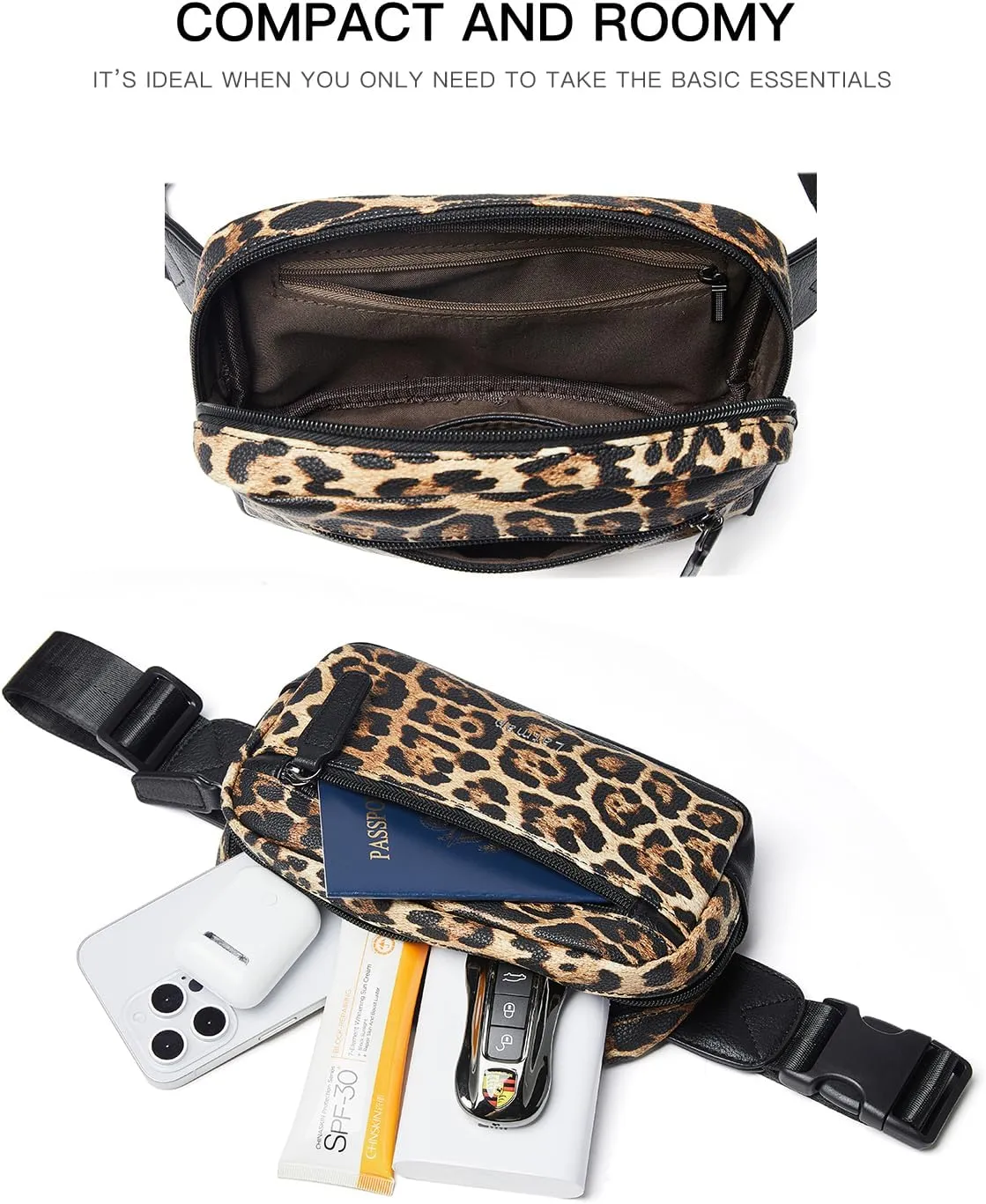 2L Fanny Packs Everywhere Belt Bag Small Fashion Crossbody Waist Pack Faux Leather Waterproof Sling Chest Bag For Women Leopard Print