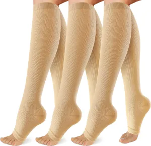 3 Pack Copper Compression Socks for Women&Men 20-30mmHg Open Toe Knee High Support Socks for Varicose Vein Running