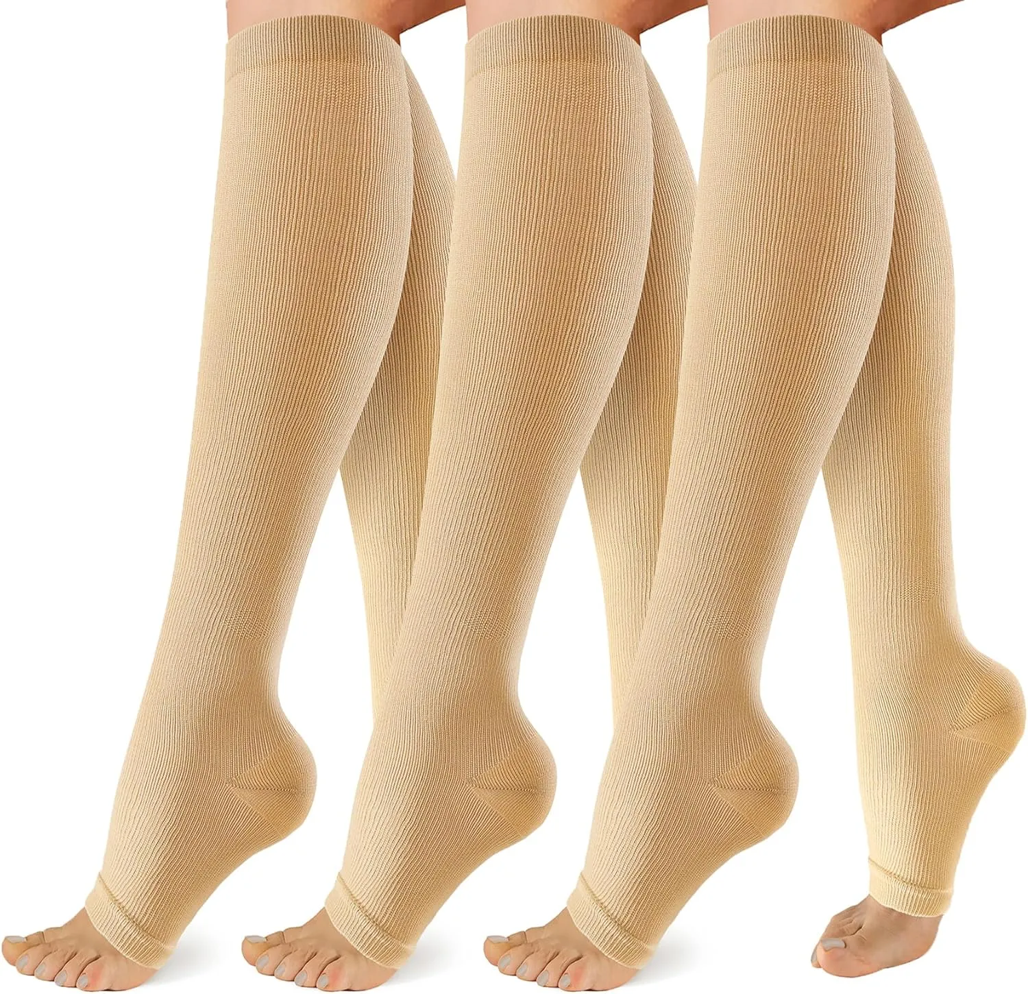 3 Pack Copper Compression Socks for Women&Men 20-30mmHg Open Toe Knee High Support Socks for Varicose Vein Running