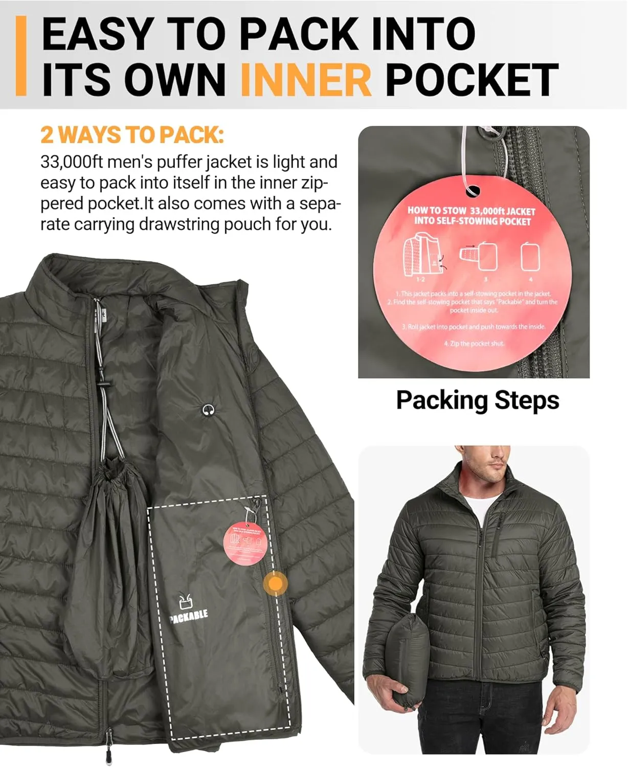 33,000ft Men's Puffer Jacket Lightweight Packable Winter Jacket
