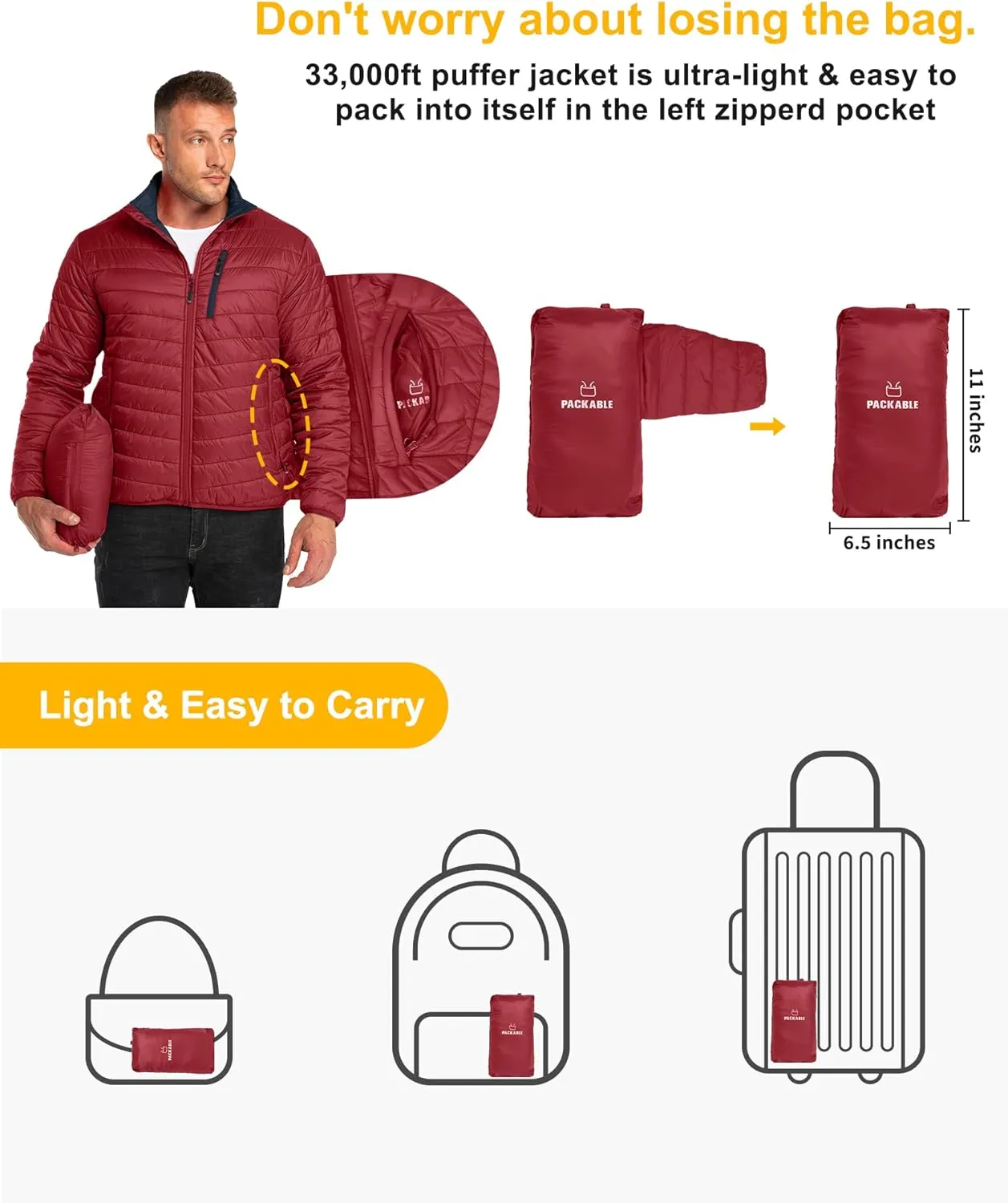 33,000ft Men's Puffer Jacket Lightweight Packable Winter Jacket