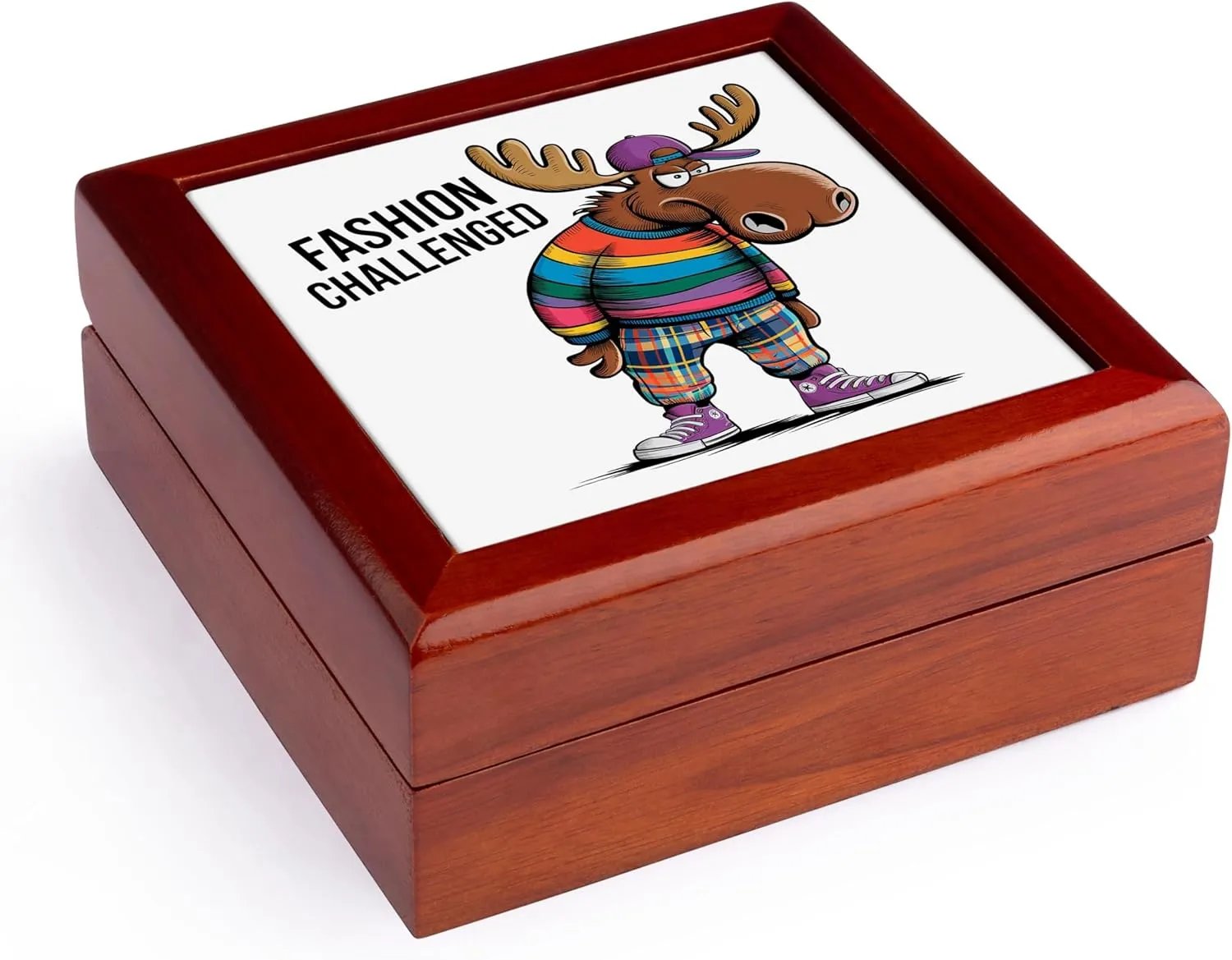 3dRose, Funny Cute Cool Moose Fashion Challenged Plaids and Stripes Satire, Jewelry Box 5.5x5.5 inch with 4 inch tile