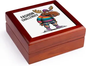 3dRose, Funny Cute Cool Moose Fashion Challenged Plaids and Stripes Satire, Jewelry Box 5.5x5.5 inch with 4 inch tile