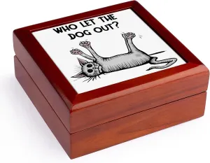 3dRose, Funny Cute Dead Cat Says Who let the Dog Out Satire, Jewelry Box 5.5x5.5 inch with 4 inch tile