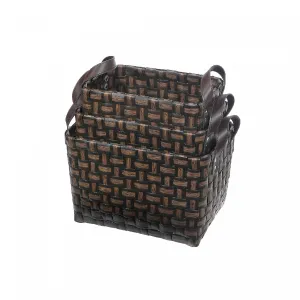 3pc Rect. Nesting Basketweave Basket with Handle Chocolate Storage|3 paniers de rangement gigognes rectangulaires nattés chocolat avec poignées