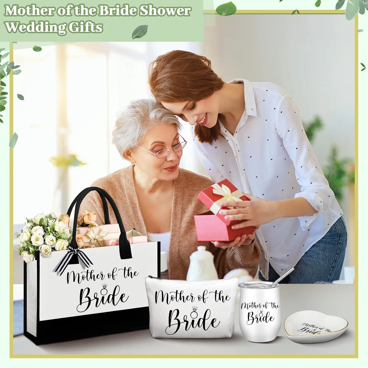 4 Pieces Mother of the Bride Bags Bridal Shower Gifts for Wedding Canvas Tote Bag for Mother of the Bride with Makeup Bag Tumbler Cup Mother Jewelry Tray Bridal Ring Holder for Wedding
