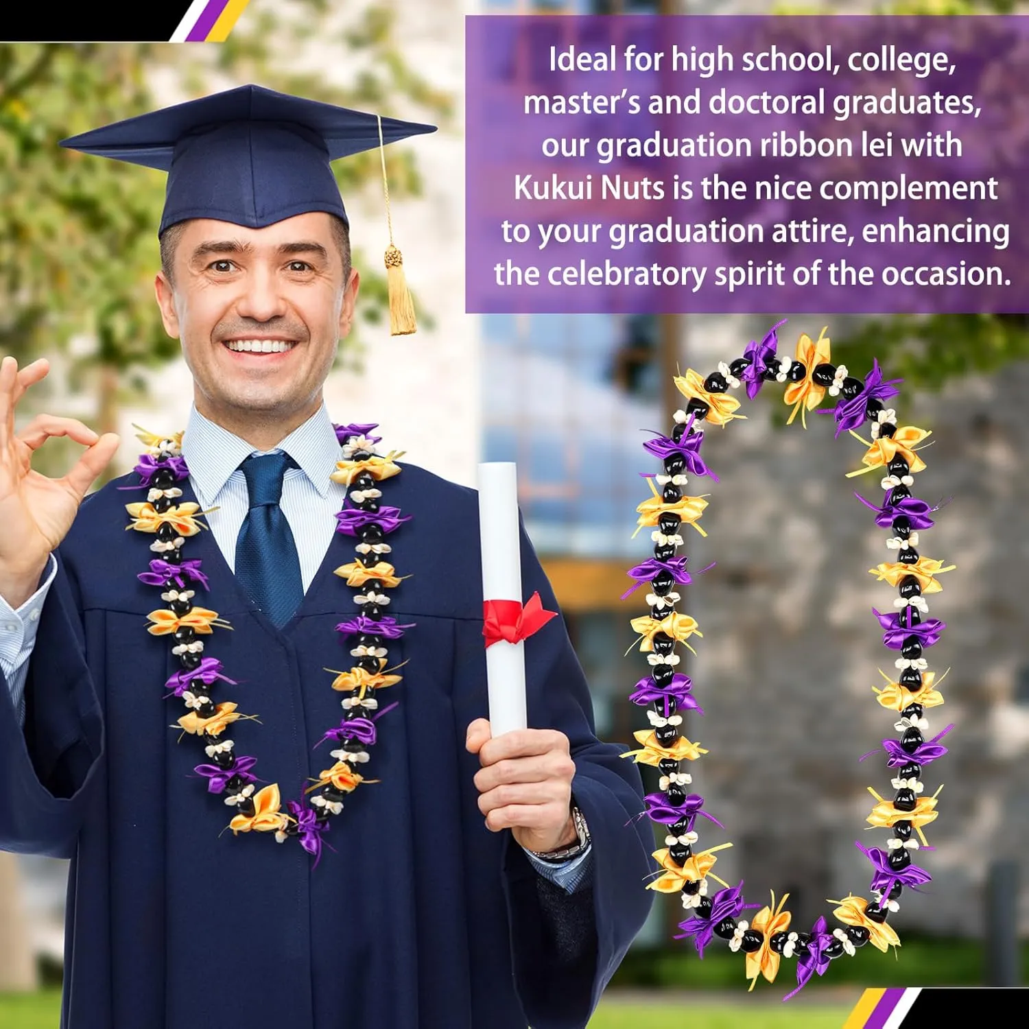 47 Inch Class of 2025 Kukui Nut Lei Hawaiian Graduation Money Lei Graduates Necklace with Shell and Ribbon Bow for Women Men
