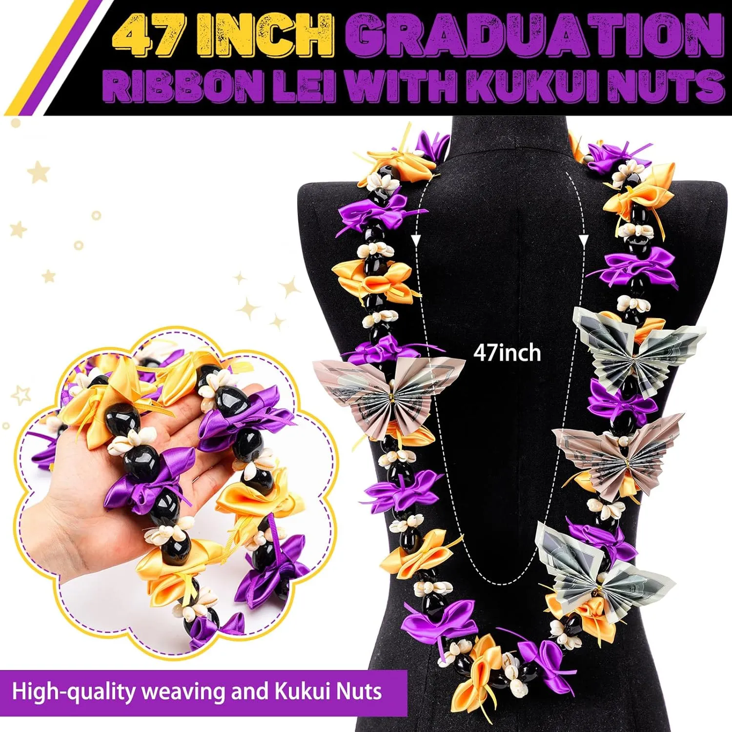 47 Inch Class of 2025 Kukui Nut Lei Hawaiian Graduation Money Lei Graduates Necklace with Shell and Ribbon Bow for Women Men