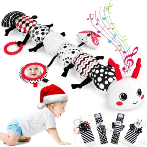 4PCS Foot Finders & Wrist Rattles with 1PCS 22 Inch Musical Stuffed Animal Soft Plush Toys High Contrast Black White Sensory Toys for Babies 0-12 Months Boys Girls Christmas Gifts