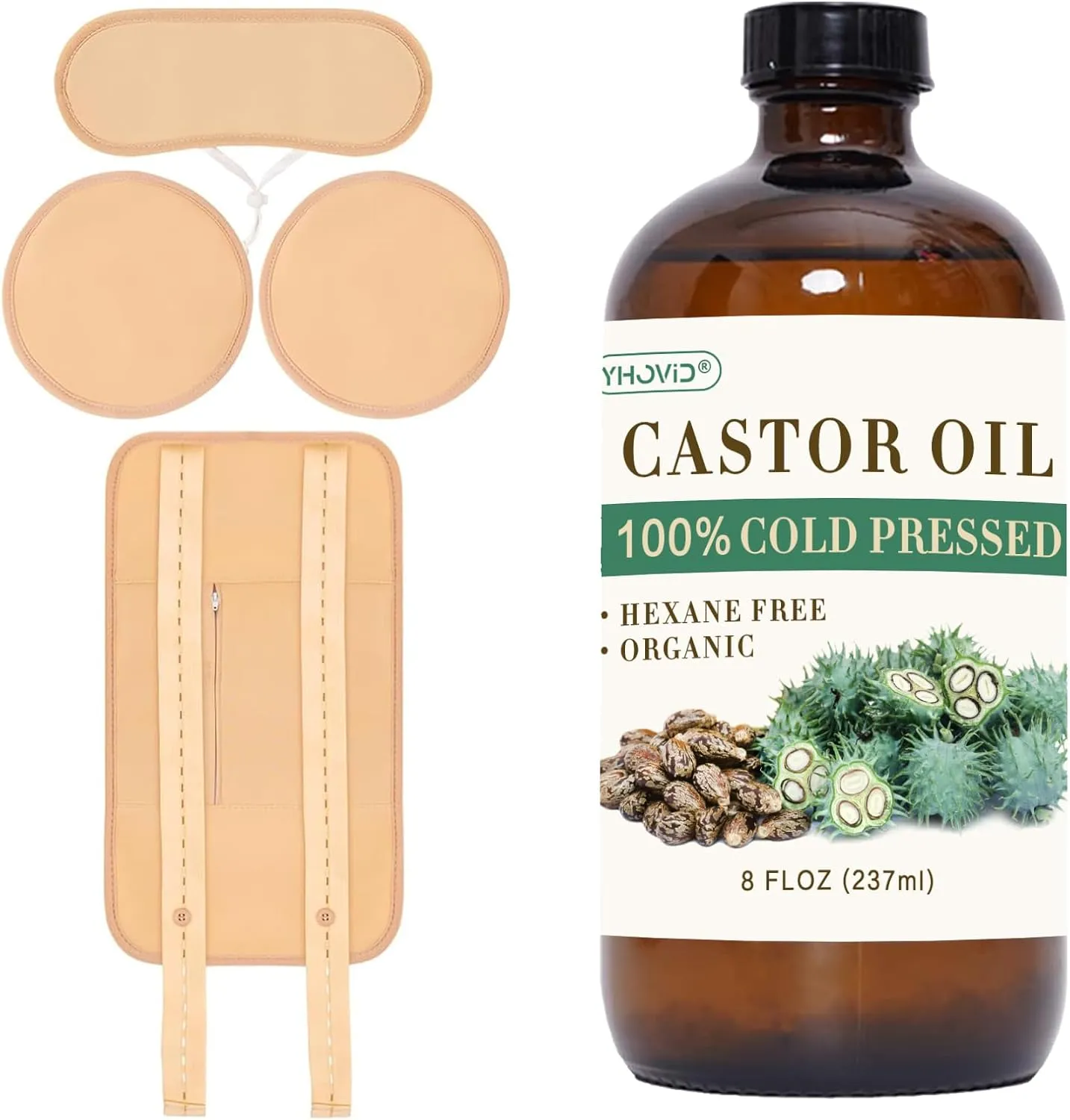 5 Pcs Castor Oil Pack Wrap, Castor Oil Organic Cold Pressed Unrefined Glass Bottle, Caster Oil Wrap for Stomach, Neck, Knee, Foot & Entire Body, Organic Cotton Reusable Pads Kit for Hot/Cold Compress