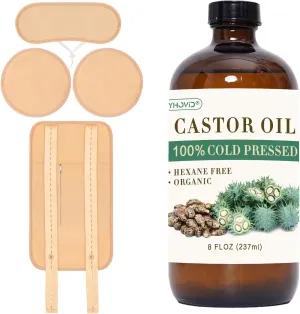 5 Pcs Castor Oil Pack Wrap, Castor Oil Organic Cold Pressed Unrefined Glass Bottle, Caster Oil Wrap for Stomach, Neck, Knee, Foot & Entire Body, Organic Cotton Reusable Pads Kit for Hot/Cold Compress
