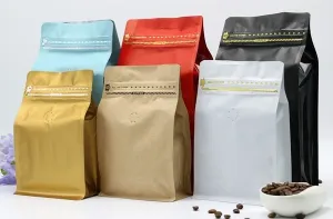 500g Box Bottom Coffee Pouch, Multi Matt Colours, Foil Lined, Tear Off Zip Lock, With / Without Valve