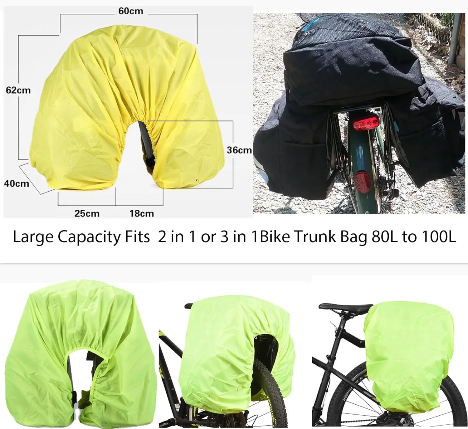 80L - 100L Bicycle Rear Rack Rain Cover Bike Trunk Rain Cover Green