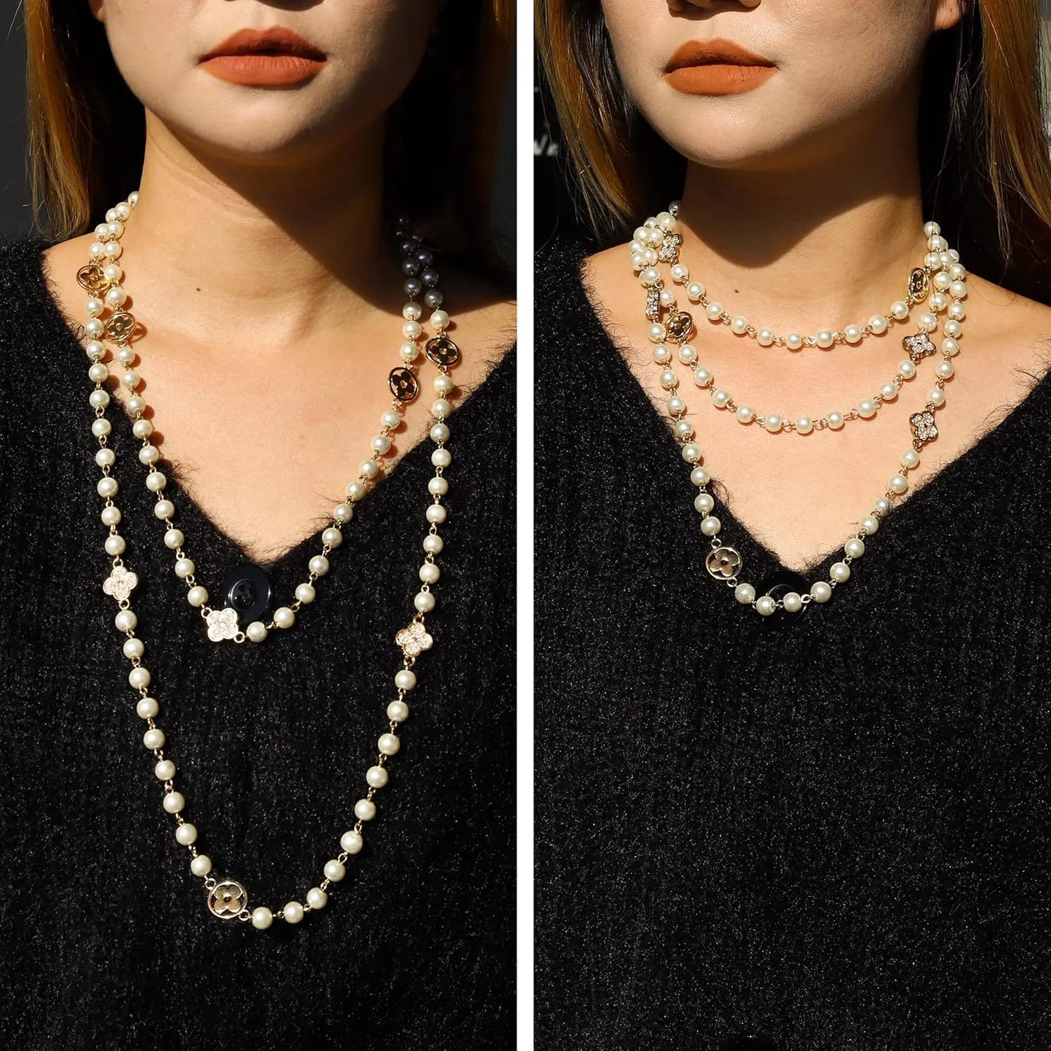 8MM Round Simulated Shell Pearl Strand Layered Necklace for Women, Dainty Multiple Strands Long Necklace for Party, Vintage Costume Jewelry