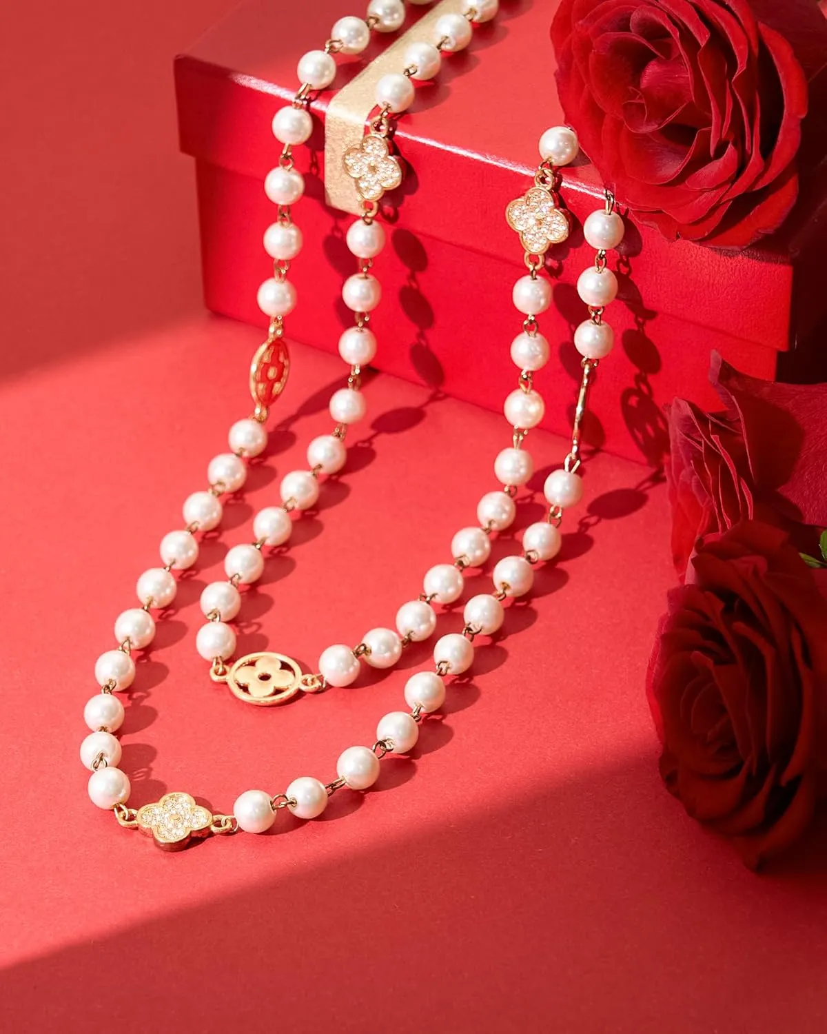 8MM Round Simulated Shell Pearl Strand Layered Necklace for Women, Dainty Multiple Strands Long Necklace for Party, Vintage Costume Jewelry